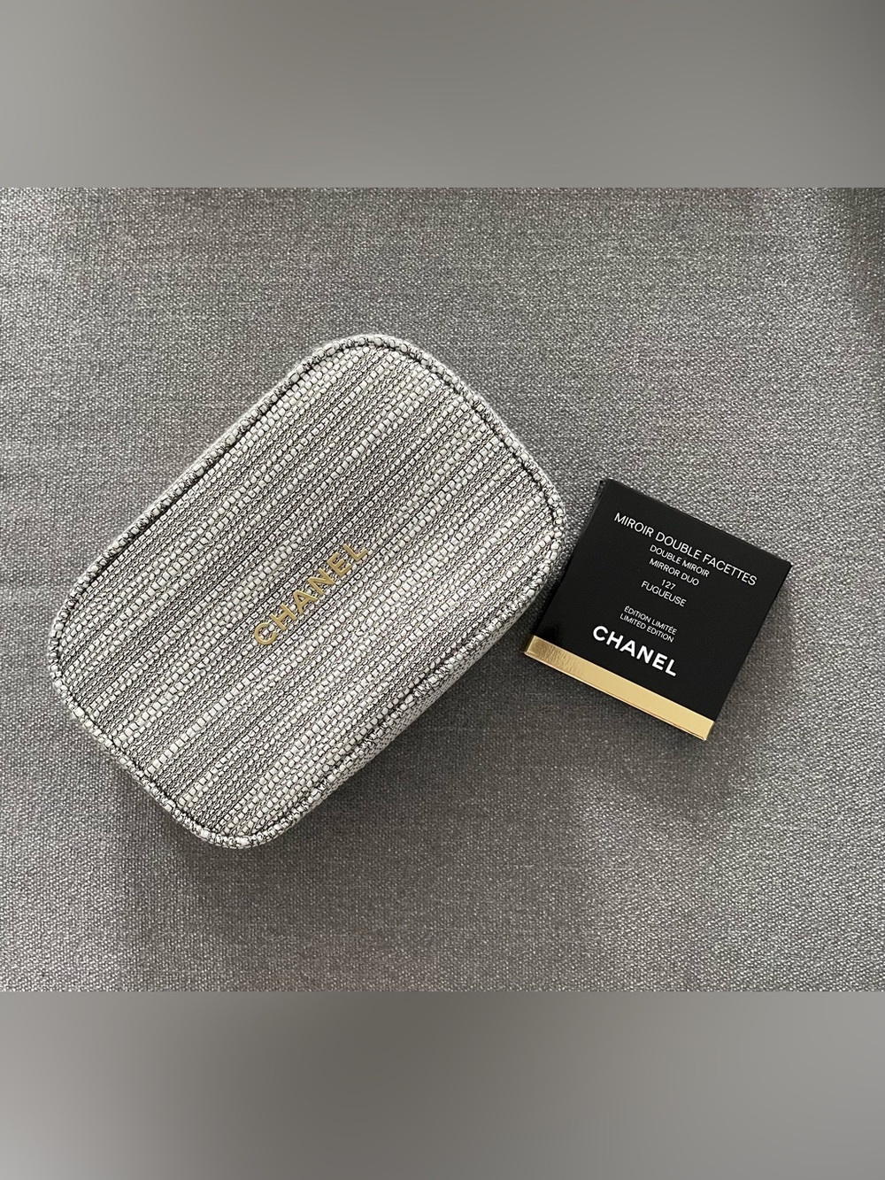 CHANEL Silver Grey Cosmetics Pouch Makeup Bag w/Mirror